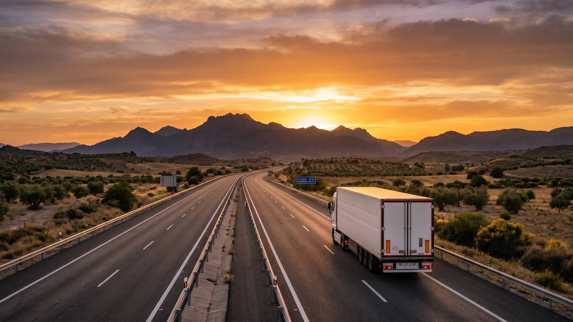 Conductor de camión CE en autovía española al atardecer — trabajo camionero España