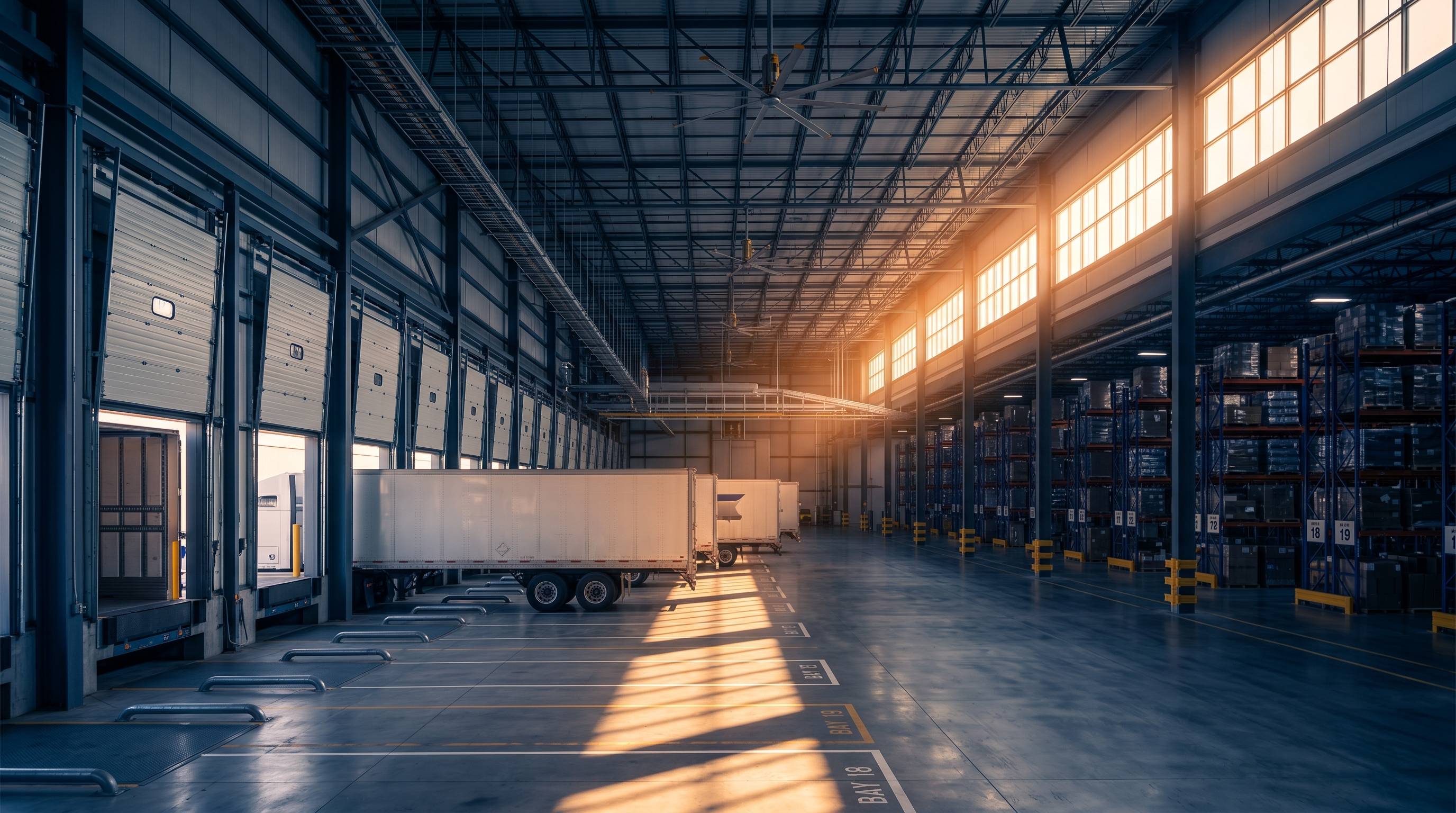 Logistics warehouse with CE semi-trucks at loading docks at golden sunset — DriversHub Alicante